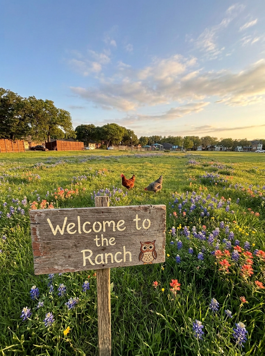 Our wide-open pasture with wildflowers and chickens